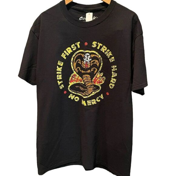 Cobra Kai Graphic T Shirt NWT Mens Size Medium Strike First Strike Hard No Mercy - Picture 1 of 3
